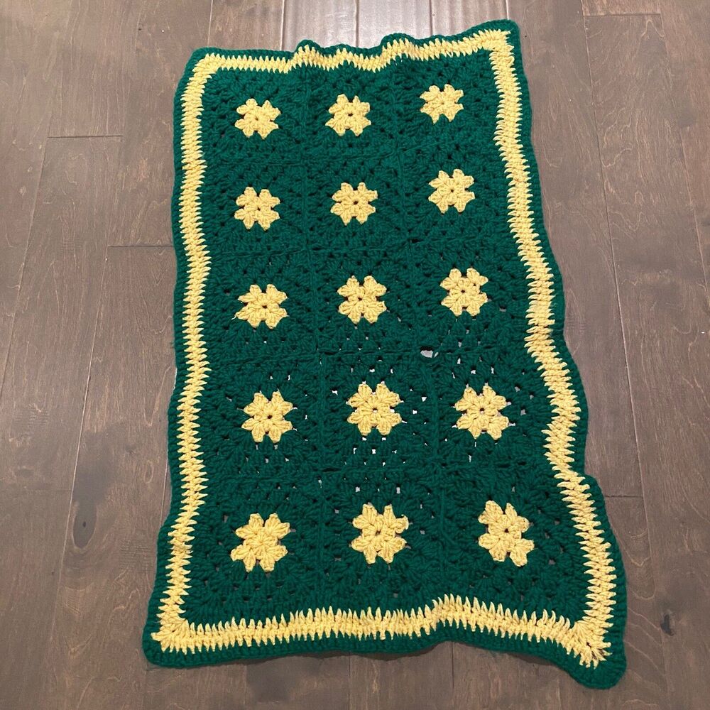 Handmade Crochet Afghan Blanket Granny Square Green Yelllow Boho Vintage Throw